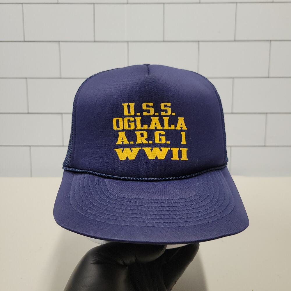 Vintage USS Oglala ARG-1 WWII Navy Trucker Hat V-Boot Snapback Blue USA